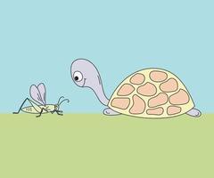 children's doodle illustration- a turtle and a grasshopper on the grass vector