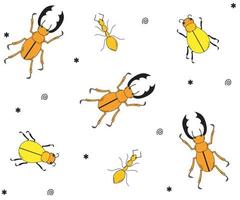 patrón sin costuras con insectos estilo doodle: escarabajo cornudo, hormiga y solo un escarabajo vector