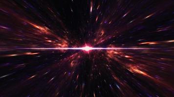 Interstellar flight, time travel jump in orange purple hyper space burst warp. video