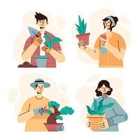 conjunto de ilustración plana de personas que cuidan la planta de interior vector