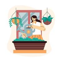 Ilustración plana de una niña regando y cuidando plantas ornamentales en el balcón. vector