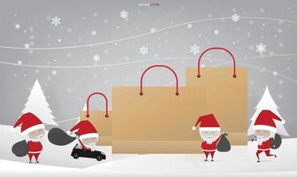 Papá Noel y bolsa de compras para el fondo de banner publicitario. vector. vector