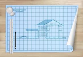 Idea of house on blueprint paper background. Architectural drawing paper on wooden texture background. Vector. vector