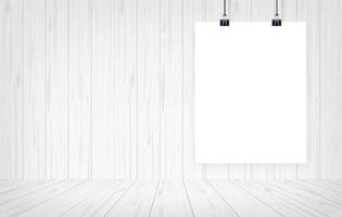 White paper poster hanging with wooden wall background. Vector. vector