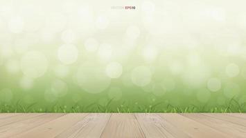 Wooden deck in green natural area with light blurred bokeh background. Vector. vector