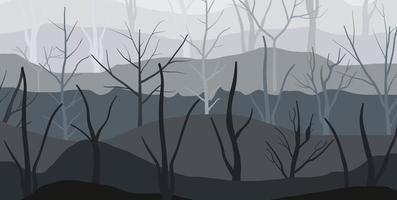 Dark background of forest fog in hill area. Landscape background of dry trees in forest. Vector illustration.