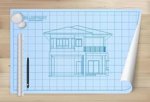 idea de casa sobre fondo de papel plano. Papel de dibujo arquitectónico sobre fondo de textura de madera. vector. vector