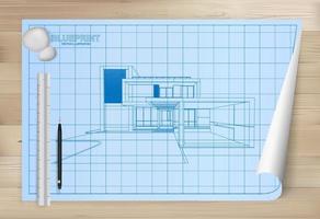 idea de casa sobre fondo de papel plano. Papel de dibujo arquitectónico sobre fondo de textura de madera. vector. vector