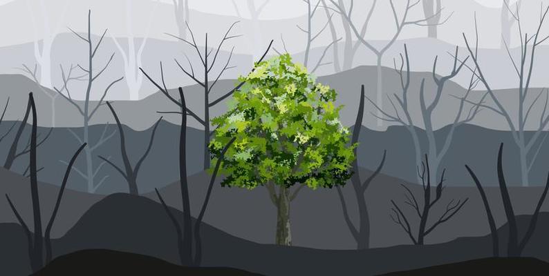Background of green tree and forest fog. Vector.