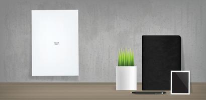 White paper and black notebook with blank photo frame and decoration plants in vintage room space background. Vector. vector