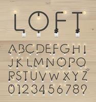 Set of alphabet letters and numbers. Abstract alphabet of light bulb and light switch on wood background. Vector. vector