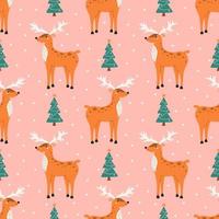 Cute deer with Christmas trees and snowflakes on pink background, vector seamless pattern in flat style