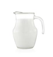 Glass jug of fresh milk on white background