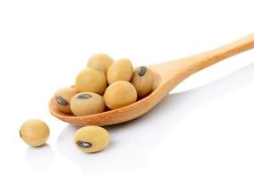 soybean in wooden spoon on white background photo