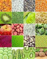 Corn, sunflower seeds, pumpkin seeds, raisins, kiwi, Broccoli , sprouts, green beans, apple, lemon, lime, cucumber, asparagus, eggplant, onions, fruit, mushrooms photo