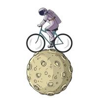 astronauta de dibujos animados montando bicicleta en la luna vector