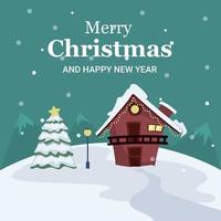 Christmas landscape card of house and tree in the middle of snow vector