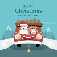 tarjeta de navidad reno conduciendo coche con santa claus