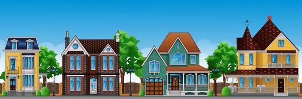 Victorian style houses with fences and trees vector