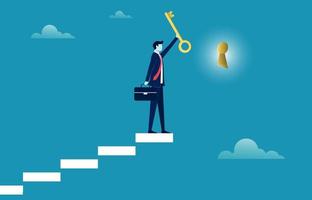 Businessman climbing the stairs to put a big key as symbol of problem solution, Business concept vector illustration