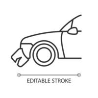 Broken bumper linear icon. Car crash. Visible external damage. Striking another vehicle. Thin line customizable illustration. Contour symbol. Vector isolated outline drawing. Editable stroke
