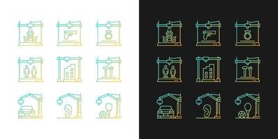 3d printing process gradient icons set for dark and light mode. Design representation. Thin line contour symbols bundle. Isolated vector outline illustrations collection on black and white