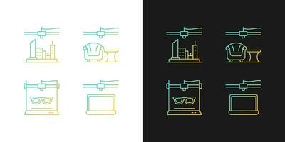 Three dimensional objects production gradient icons set for dark and light mode. 3d city model. Thin line contour symbols bundle. Isolated vector outline illustrations collection on black and white