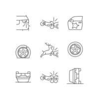 Common car crashes linear icons set. Rollover accidents. Wildlife vehicle collision. Motorcycle crashes. Customizable thin line contour symbols. Isolated vector outline illustrations. Editable stroke