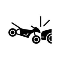 Collision with motorcycle black glyph icon. Dangerous situation for motorcyclist. Car accident. Head-on collision. Driver negligence. Silhouette symbol on white space. Vector isolated illustration