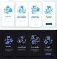 pantalla de la página de la aplicación móvil de incorporación de prevención de robos. Tutorial de medidas de seguridad Instrucciones gráficas de 4 pasos con conceptos. ui, ux, plantilla de vector de interfaz gráfica de usuario con ilustraciones lineales en modo día y noche