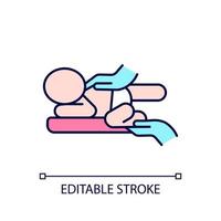 Infant massage RGB color icon. Practicing tummy time. Massaging baby back. Treating newborn colic. Helping infant relax. Isolated vector illustration. Simple filled line drawing. Editable stroke