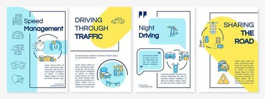 Driving courses types yellow and blue brochure template. Flyer, booklet, leaflet print, cover design with linear icons. Vector layouts for presentation, annual reports, advertisement pages