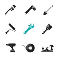 Construction tools glyph icons set. Silhouette symbols. Monkey wrench, shovel, cordless drill, adhesive tape roll, paint roller and brush, jack plane, set square. Vector isolated illustration