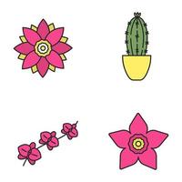 Flowers color icons set. Lotus, daffodil, orchid branch, cactus in flowerpot. Isolated vector illustrations