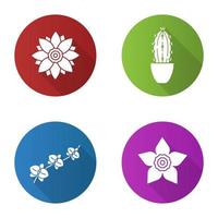 Flowers flat design long shadow glyph icons set. Lotus, daffodil, orchid, branch, cactus in flowerpot. Vector silhouette illustration