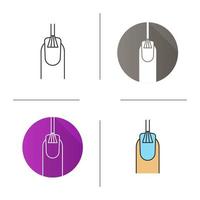 Nail polishing icon. Flat design, linear and color styles. Finger with manicure. Isolated vector illustrations