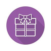 Gift box flat linear long shadow icon. Present box with bow and ribbon. Vector outline symbol