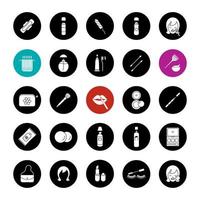 Cosmetics accessories glyph icons set. Hygienic care products. Toiletries. Makeup. Vector white silhouettes illustrations in black circles