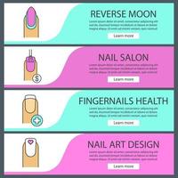 Manicure web banner templates set. Nail polishing price, fingernails health, reverse moon manicure, woman's nail with heart shape. Website color menu items. Vector headers design concepts