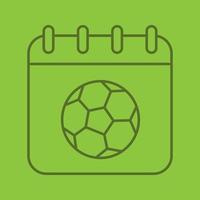 icono lineal de fecha de campeonato de fútbol. página de calendario con balón de fútbol. símbolos de contorno de línea fina sobre fondo de color. ilustración vectorial vector