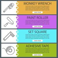 Construction tools web banner templates set. Monkey wrench, paint roller, set square, adhesive tape. Website color menu items with linear icons. Vector headers design concepts