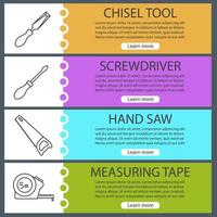 Construction tools web banner templates set. Chisel, screwdriver, hand saw, measuring tape. Website color menu items with linear icons. Vector headers design concepts