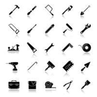 Construction tools drop shadow black glyph icons set. Renovation and repair instruments. Spanner, shovel, hammer, paint brush, crowbar, measuring tape, paint brushes. Isolated vector illustrations