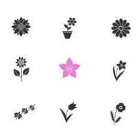 Flowers glyph icons set. Silhouette symbols. Lotus, crocus, chamomile, sunflower, daffodils, orchid branch, tulip, poppy. Vector isolated illustration