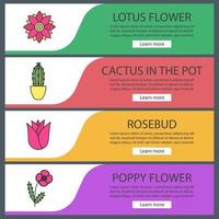 Flowers web banner templates set. Lotus, cactus in flowerpot, rosebud, poppy. Website color menu items. Vector headers design concepts