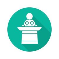 Politician flat design long shadow glyph icon. Orator speech. Speaker podium. Vector silhouette illustration