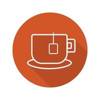 Teacup flat linear long shadow icon. Mug on plate with teabag. Vector outline symbol