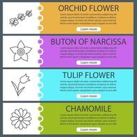 Flowers web banner templates set. Orchid branch, chamomile and daffodil heads, tulip. Website color menu items with linear icons. Vector headers design concepts