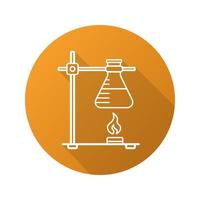 Chemical reaction flat linear long shadow icon. Ring stand with flask over fire. Vector outline symbol