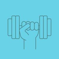 Hand holding gym barbell linear icon. Fitness and workout sign. Thin line outline symbols on color background. Vector illustration